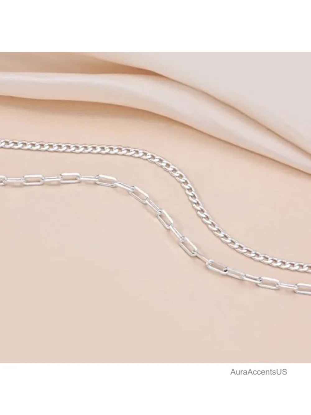 Layered Paperclip Chain Necklace Set for Women, Silver Plated Brass, 2 Strands,